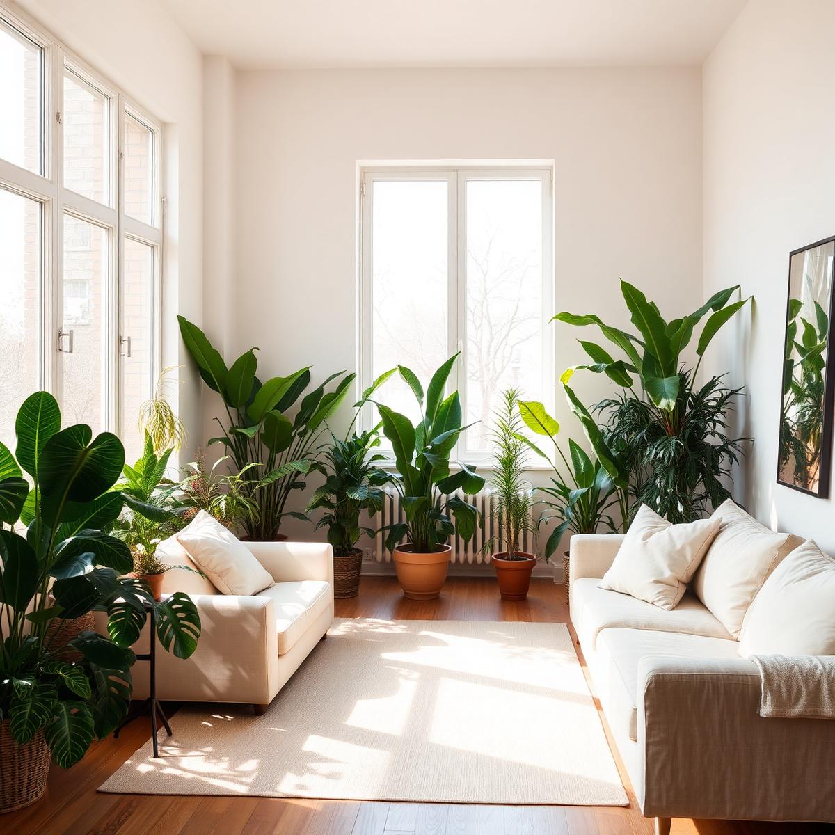 Healthy sunlit living room with plants